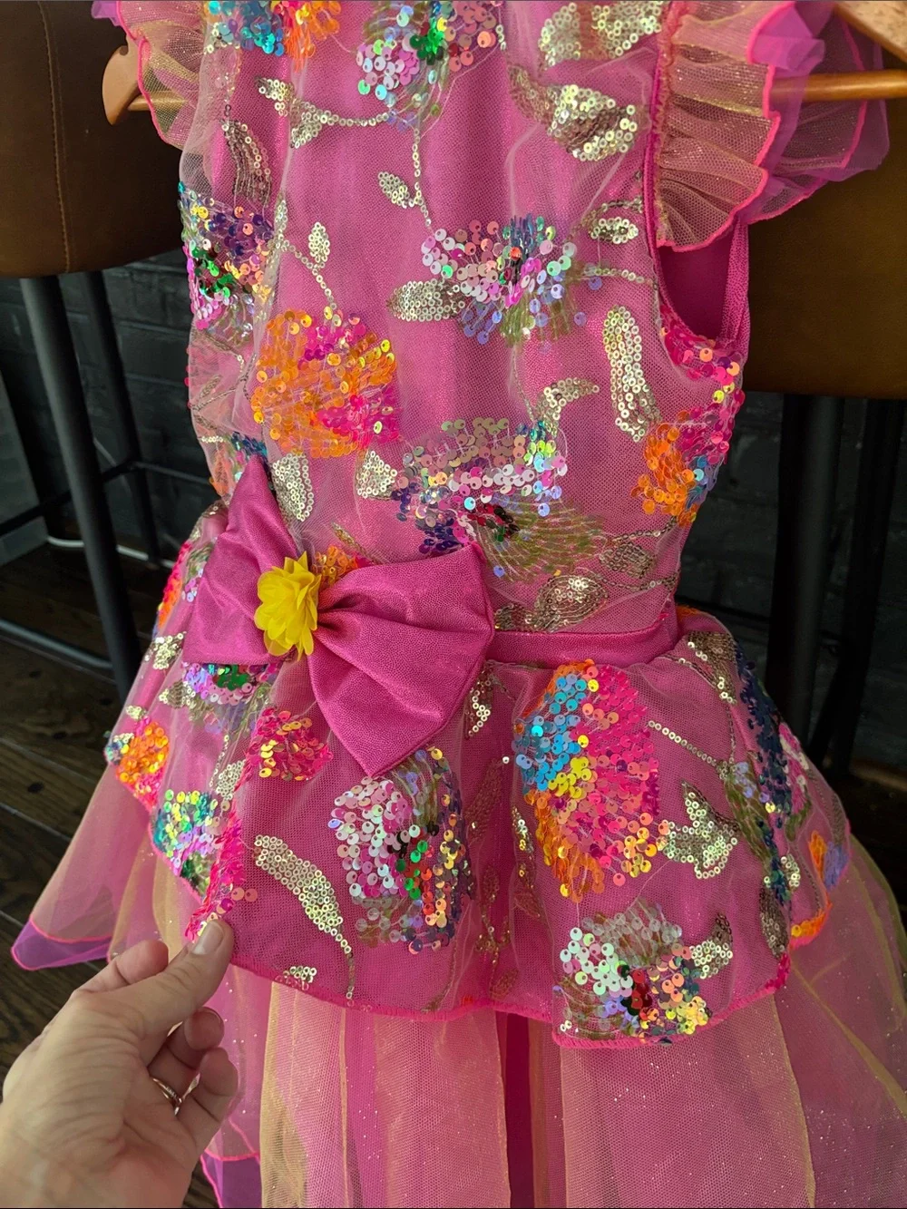 Girls Hot Pink Sequin Floral Embroidered Dance Dress Costume Size XL